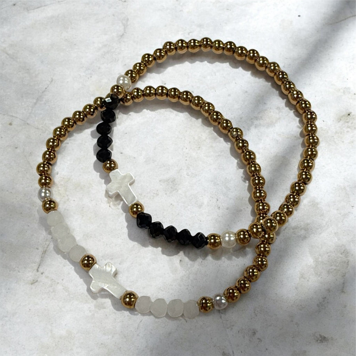 Pearl Cross Black Beaded Bracelet