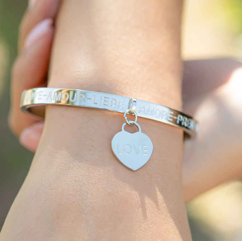 Love Languages Heart Charm Bangle